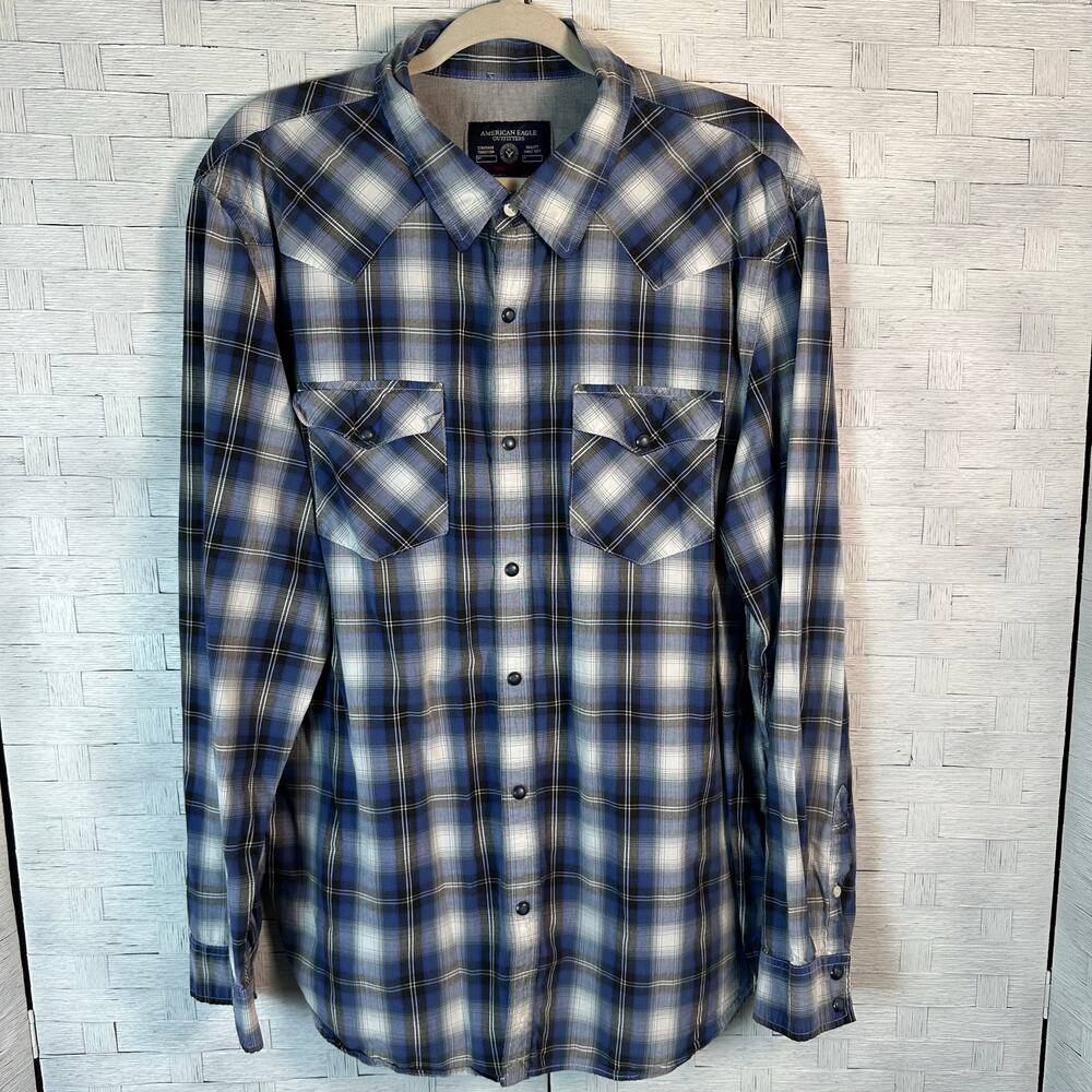 American Eagle mens plaid cotton button up pearl snap closure shirt western